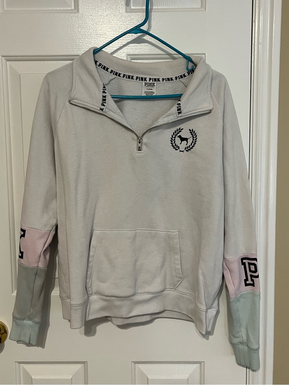 PINK Quarter-Zip Pullover Sweatshirt in Off-White with Pastel Panels